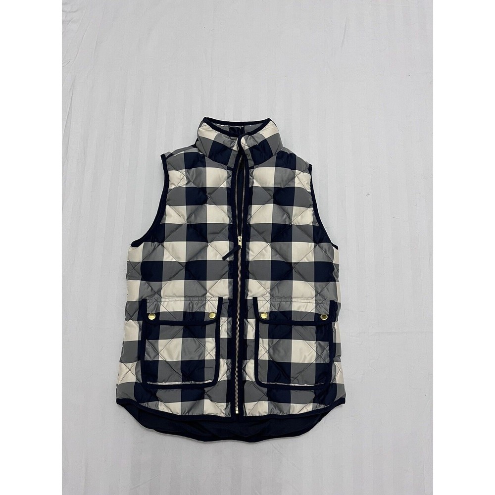 J. Crew Excursion Quilted Down Puffer Vest Buffalo Plaid Sz XS E0829 Navy Cream